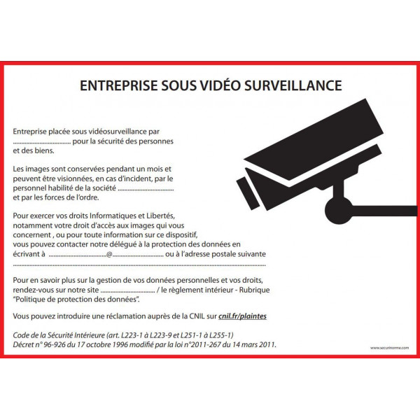 Affiche Obligatoire - Entreprise Sous Vidéosurveillance - A4 - Rouge - Dématérialisé Pdf