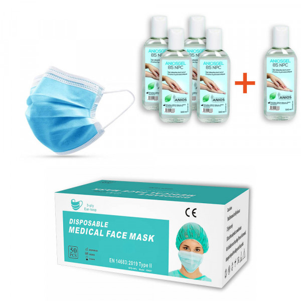 Kit 50 masques chirurgicaux + 5 flacons de gel hydroalcoolique 100 ml