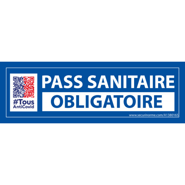 Sticker sanitaire Pass Sanitaire Obligatoire vinyle avec picto QR code - 150 x 50 mm - fond bleu