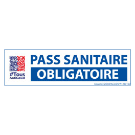 Sticker sanitaire Pass Sanitaire Obligatoire vinyle avec picto QR code - 150 x 50 mm - fond blanc