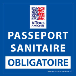 Sticker sanitaire Passeport Sanitaire Obligatoire vinyle avec image QR code - 125 x 125 mm - fond bleu