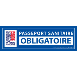 Sticker sanitaire Passeport Sanitaire Obligatoire vinyle avec picto QR code - 150 x 50 mm - fond bleu