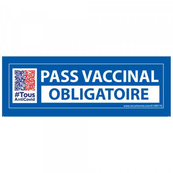 Sticker "PASS VACCINAL OBLIGATOIRE" vinyle avec picto QR code - 150 X 50 MM - Fond bleu