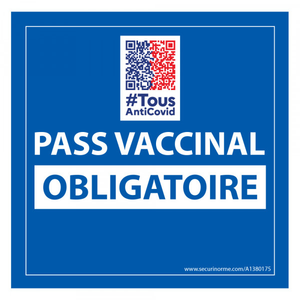 Sticker "PASS VACCINAL OBLIGATOIRE" vinyle avec image QR code - 125 X 125 mm - Fond bleu