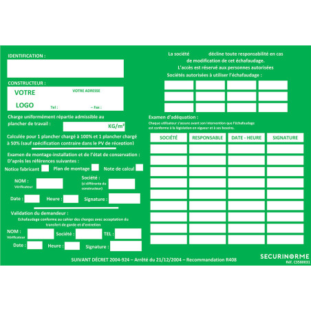 Kit Pochette + Fiche de Vérification Échafaudage Personnalisable