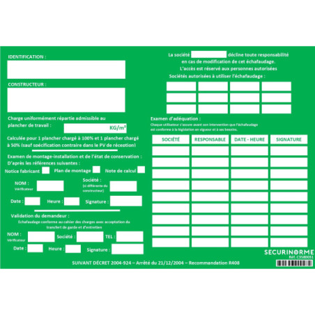 Kit Pochette + Fiche de Vérification Échafaudage Personnalisable