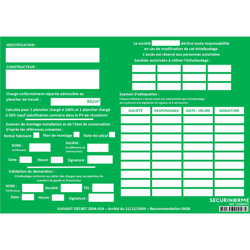Fiche de vérification - Échafaudage neutre - A4 - Plastifiée