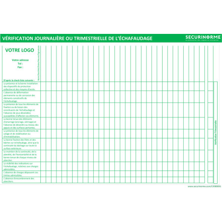 Fiche de vérification Personnalisable - Échafaudage neutre - A4 - Plastifiée