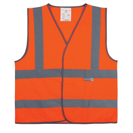 Ce gilet de sécurité orange est équipé de quatre bandes pour une visibilité améliorée. Il est idéal pour les travailleurs de la 