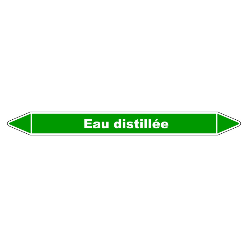 Marqueur de tuyauterie en vinyle laminé indiquant "Eau distillée" pour une identification claire.