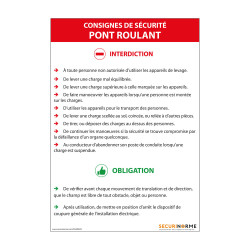 Panneau consignes de sécurité pont roulant