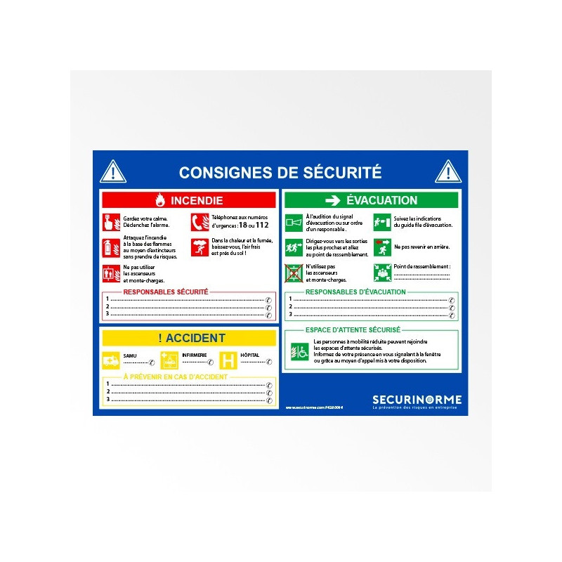 Panneau - Consignes de sécurité incendie et évacuation - Format A4 - Support papier plastifié