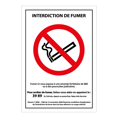 Panneau interdiction - Interdiction de fumer avec décret - A5