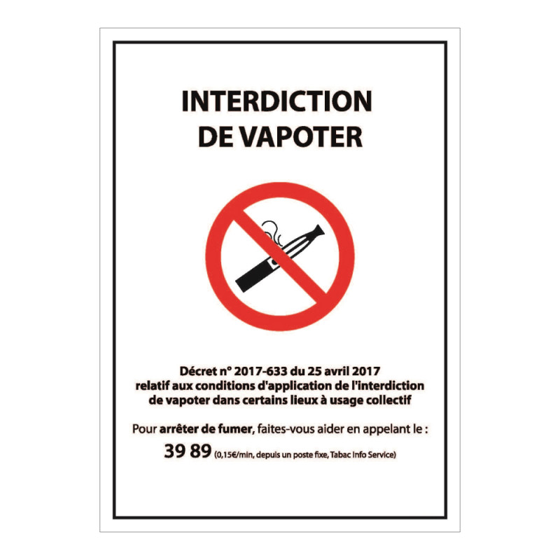 Panneau d'Interdiction "Interdiction de vapoter" plastifié A5