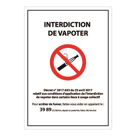 Panneau d'Interdiction "Interdiction de vapoter" plastifié A5