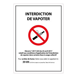 Panneau d'Interdiction - Interdiction de Vapoter - avec Décret