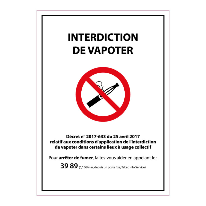 Panneau d'Interdiction - Interdiction de Vapoter - avec Décret