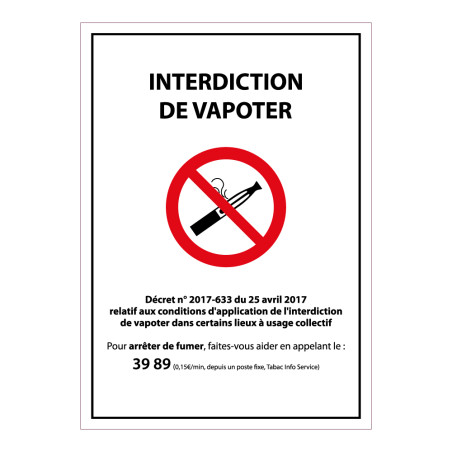 Panneau d'Interdiction - Interdiction de Vapoter - avec Décret