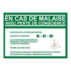 Panneau - Consigne Défibrillateur en cas de malaise - ISO 7010