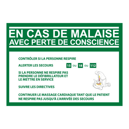 Panneau - Consigne Défibrillateur en cas de malaise - ISO 7010