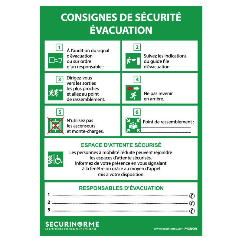 Affiche obligatoire - Consignes Sécurité Évacuation - 297 x 420 mm