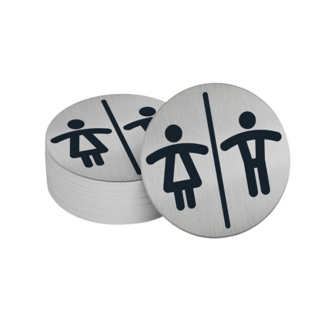 Pictogramme Toilettes mixtes Ø83 mm - Alu brossé adhésif au dos