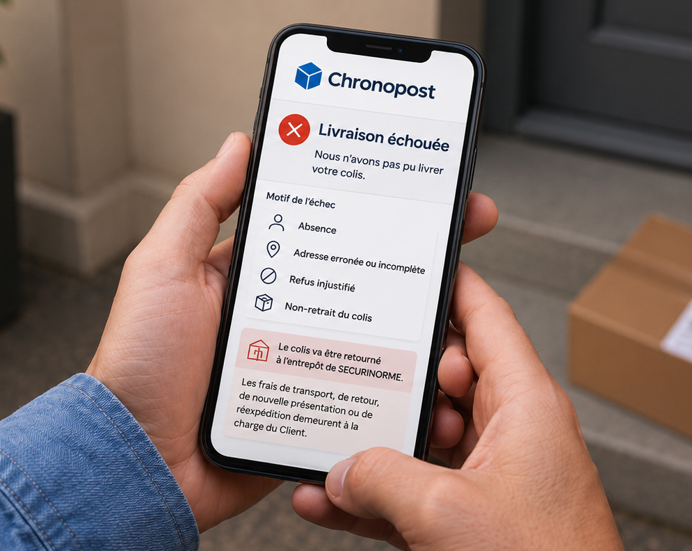 Notification de livraison échouée affichée sur un smartphone avec informations sur le retour du colis - Securinorme