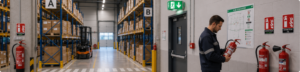 Entrepôt logistique équipé de signalisation incendie, d'extincteurs et d'un plan d'évacuation - Securinorme