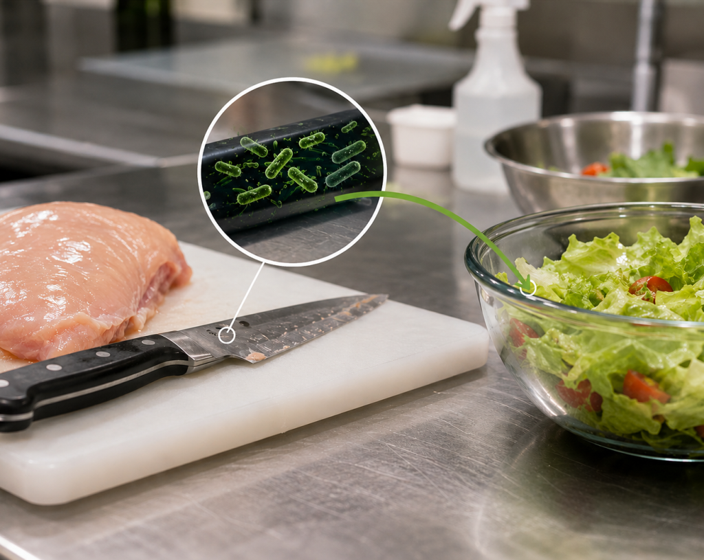 Exemple de contamination biologique entre aliments crus et aliments pr&ecirc;ts &agrave; consommer - Securinorme