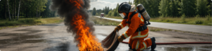 Pompier en tenue d'intervention orange posant une couverture anti-feu sur un foyer d'incendie - Securinorme