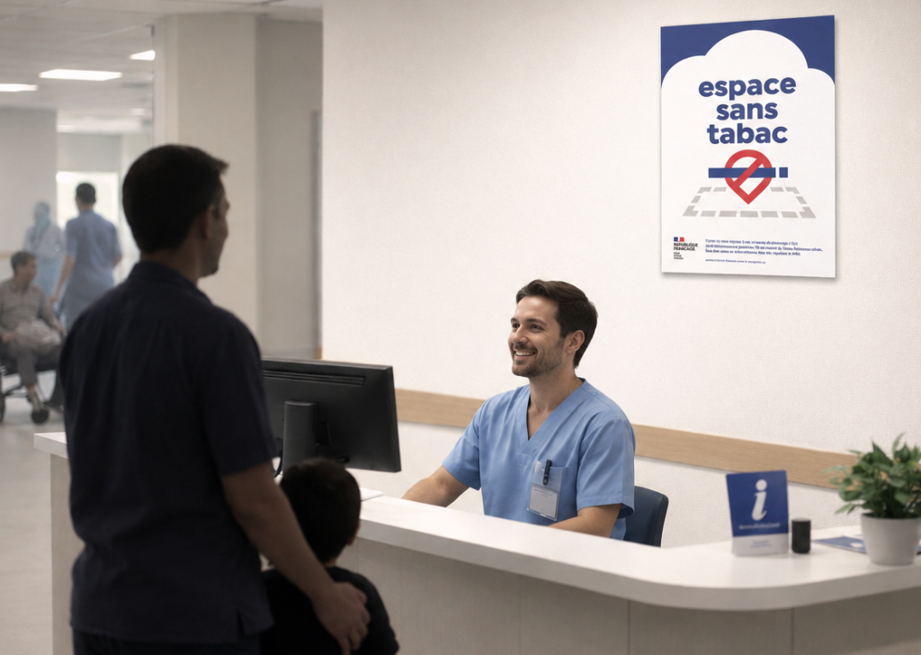 Affiche "Espace sans tabac" install&eacute;e dans le hall d'accueil d'un &eacute;tablissement de sant&eacute; securinorme