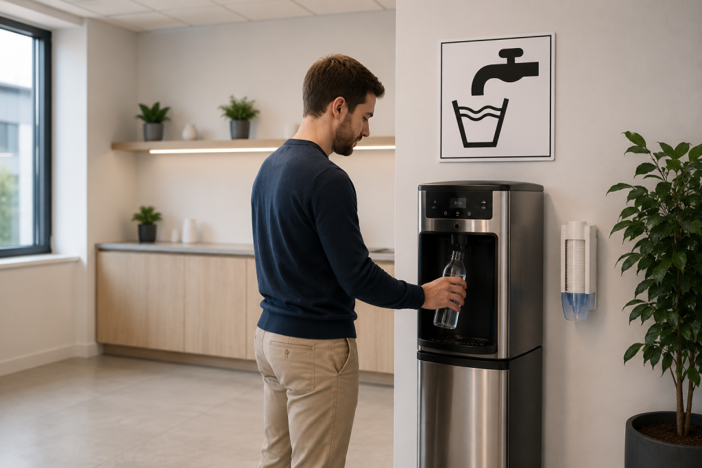 Personne remplissant une gourde dans une fontaine &agrave; eau, avec un panneau eau potable - secuirnorme