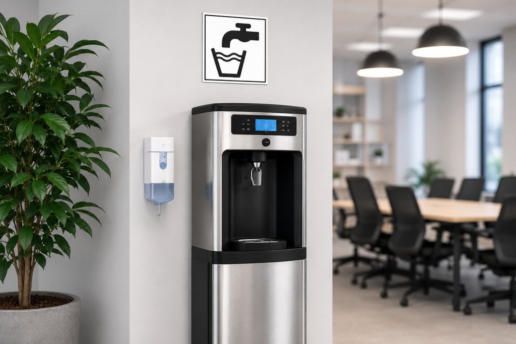 Fontaine &agrave; eau sur r&eacute;seau install&eacute;e dans un espace de bureaux, sous un panneau eau potable - securinorme
