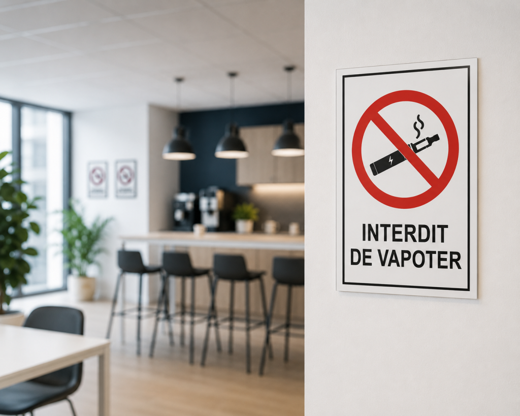 Panneau d'interdiction de vapoter install&eacute; dans l'espace de pause d'une entreprise - securinorme