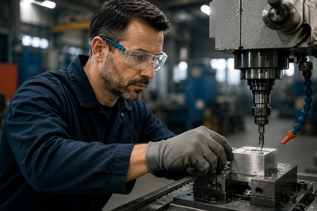 Op&eacute;rateur usinant une pi&egrave;ce m&eacute;tallique sur une machine-outil en portant des lunettes de protection - securinorme