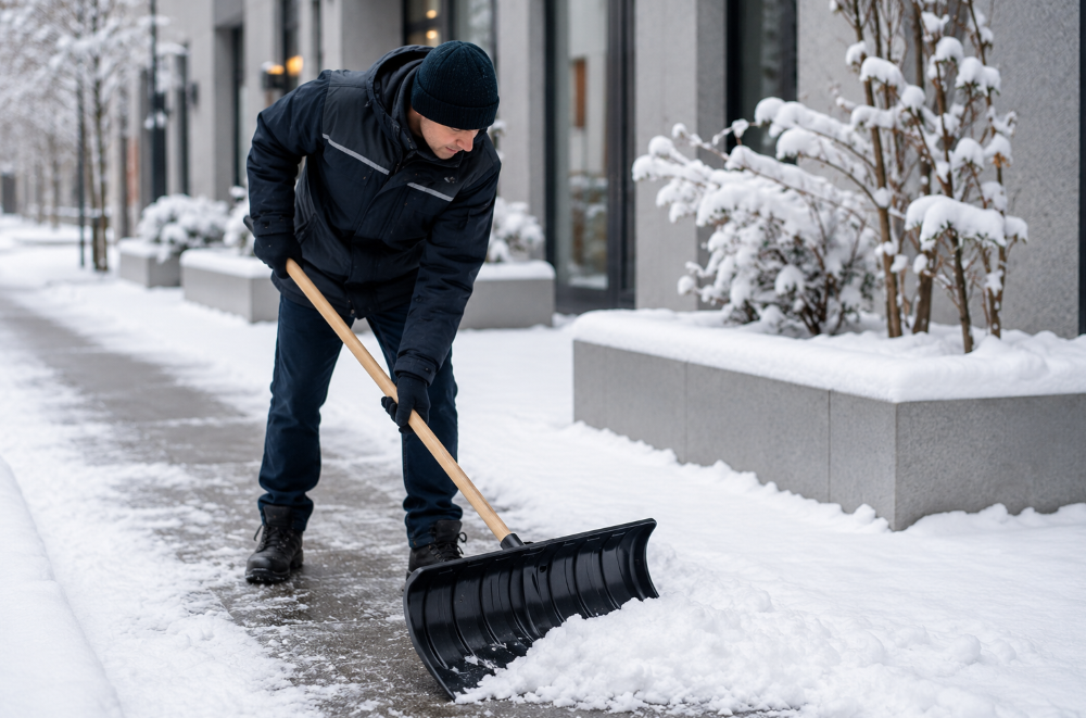 Personne d&eacute;neigeant un trottoir enneig&eacute; avec un poussoir &agrave; neige - Securinorme