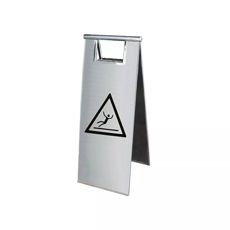 balise chevalet en inox avec pictogramme indiquant une surface glissante