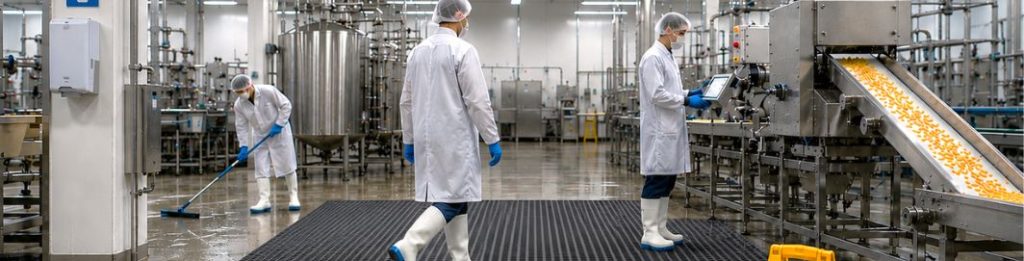 Op&eacute;rateurs en industrie agroalimentaire utilisant un tapis antid&eacute;rapant dans une zone de production - Securinorme
